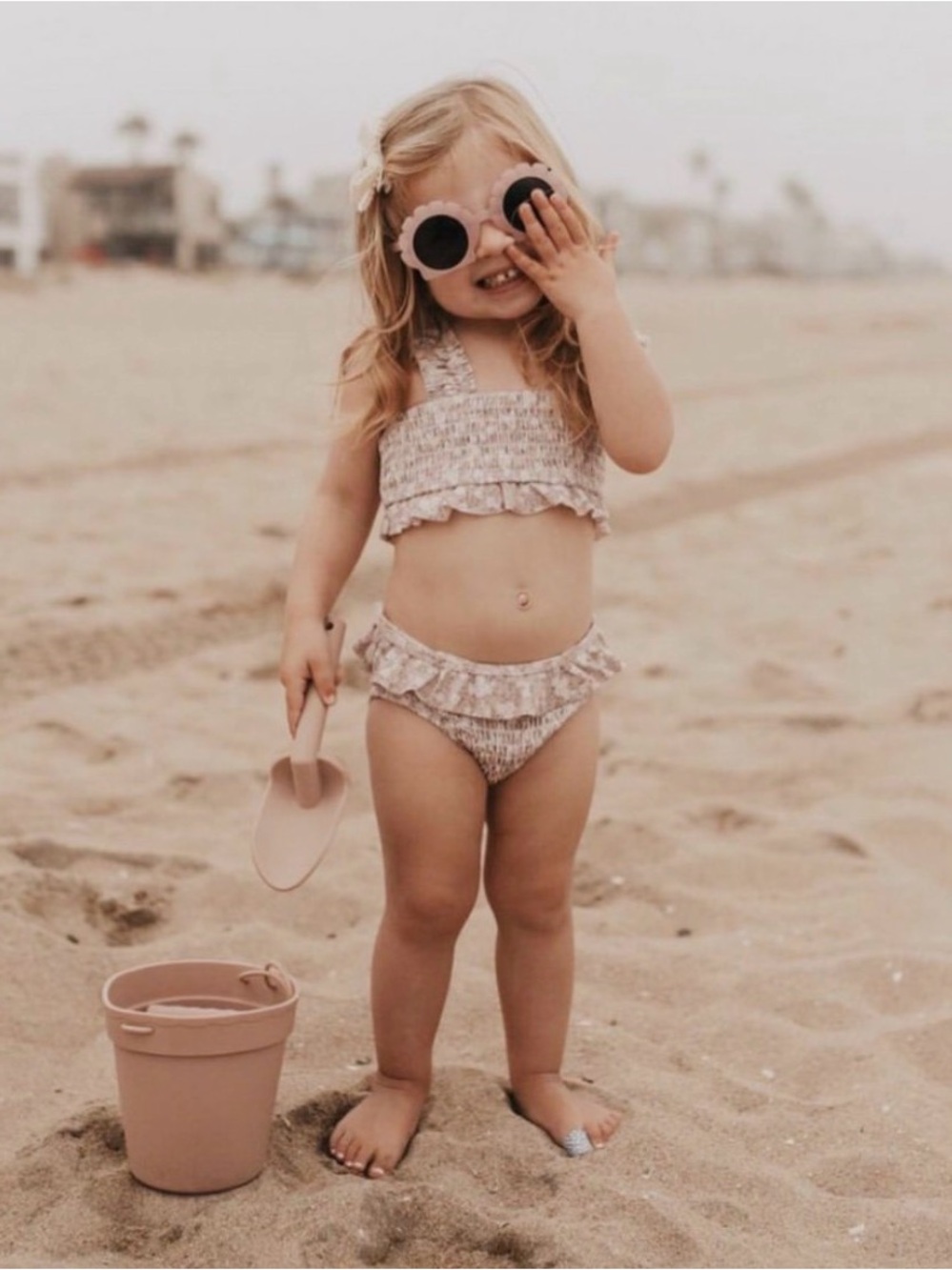 Jamie Kay Girls Floral Rash Guard & Smocked Bikini Set in Dusty Mauve